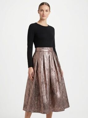 NWT Worthington Metallic Gold Black Jacquard Pleated Midi Skirt Pockets Size L